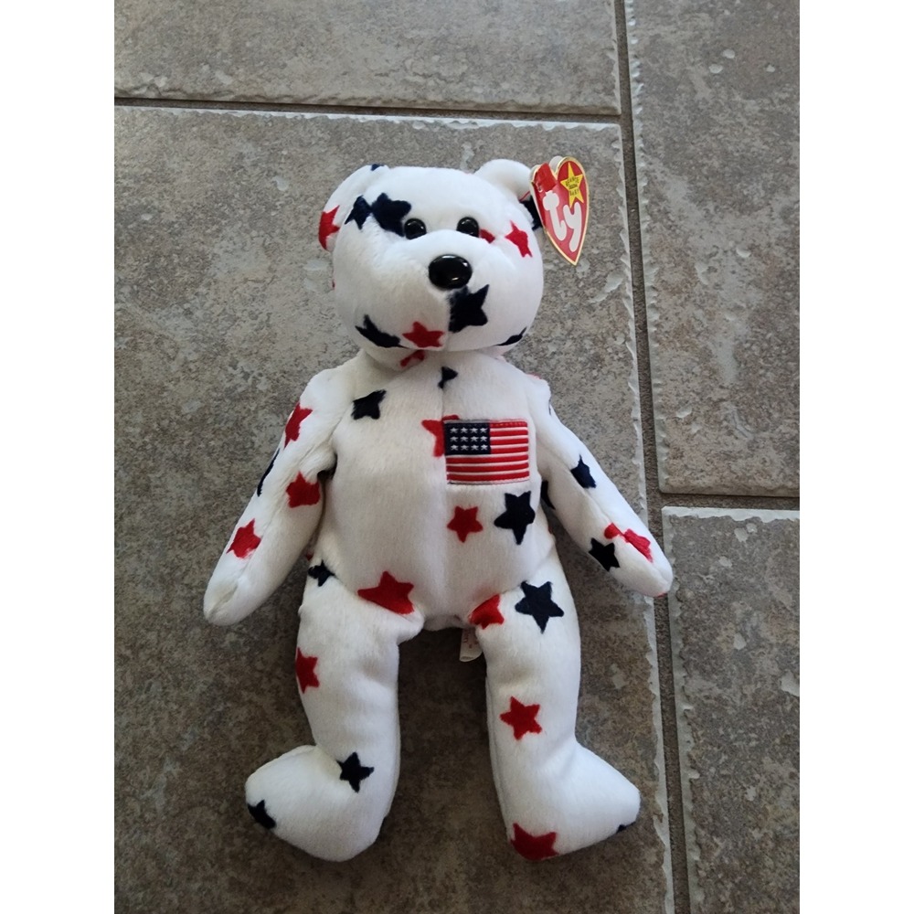 Ty Beanie Baby Spangle the Bear Patriotic American Flag White Star Plush 1999
